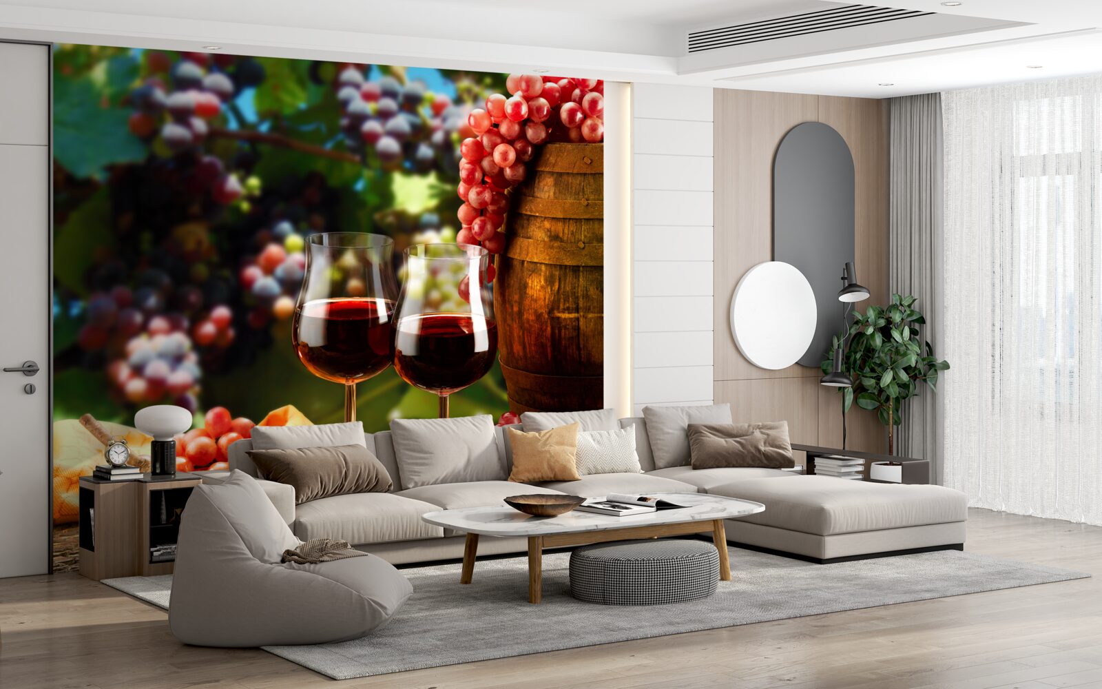 Fototapeten Die Traubenbälle sind ein Hintergrund für mit Wein gefüllte Brille