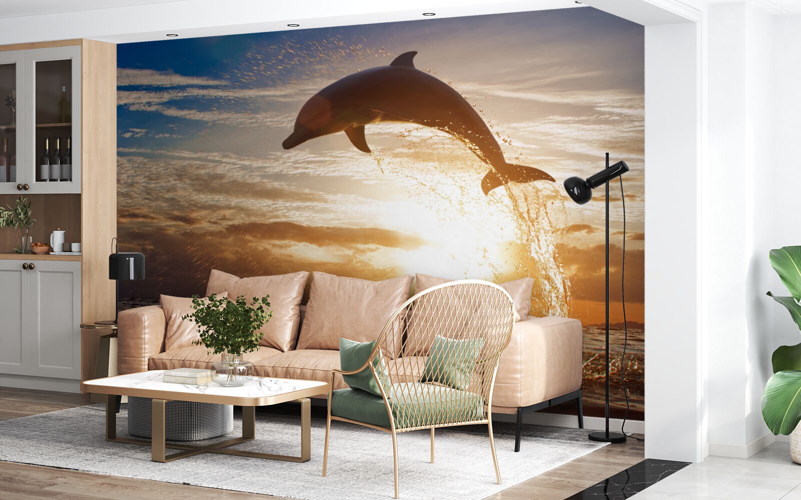 Fototapeten Delphin taucht vor dem Hintergrund des Abend Sonnenuntergang auf