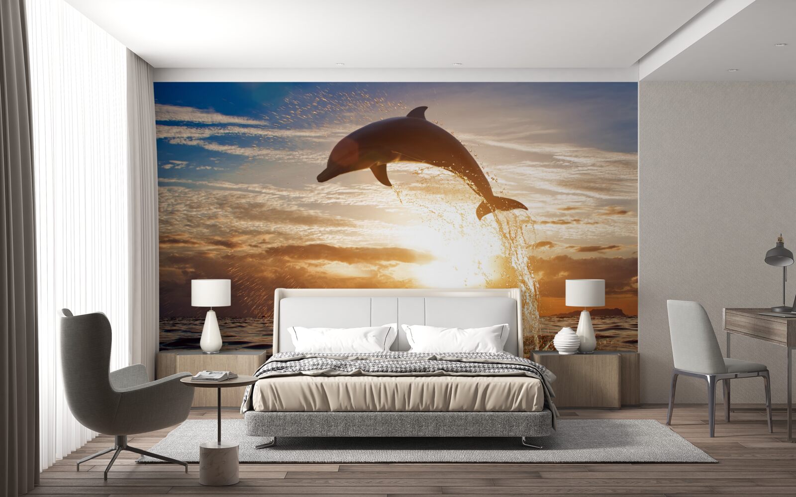 Fototapeten Delphin taucht vor dem Hintergrund des Abend Sonnenuntergang auf