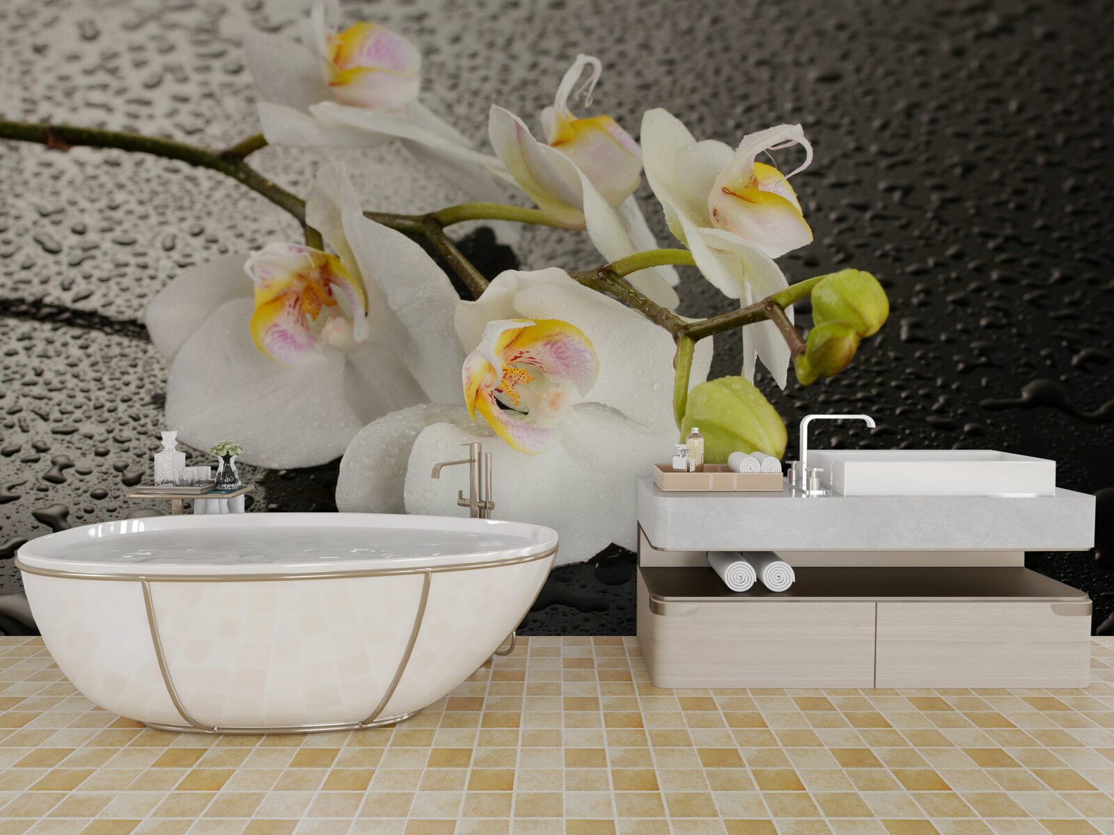 Fototapeten Schnee -White -Orchidee nach starkem Regen