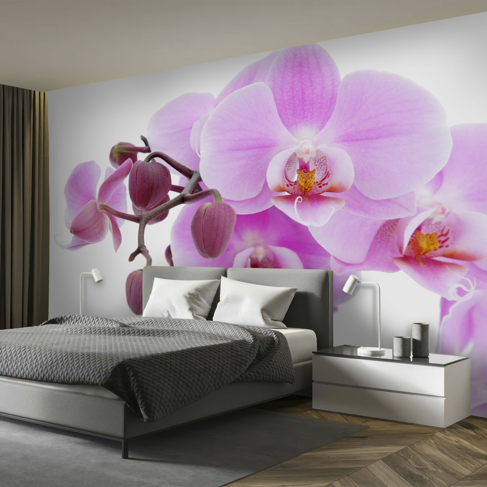 Fototapeten Orchidee in lila Schatten mit Blütenknospen
