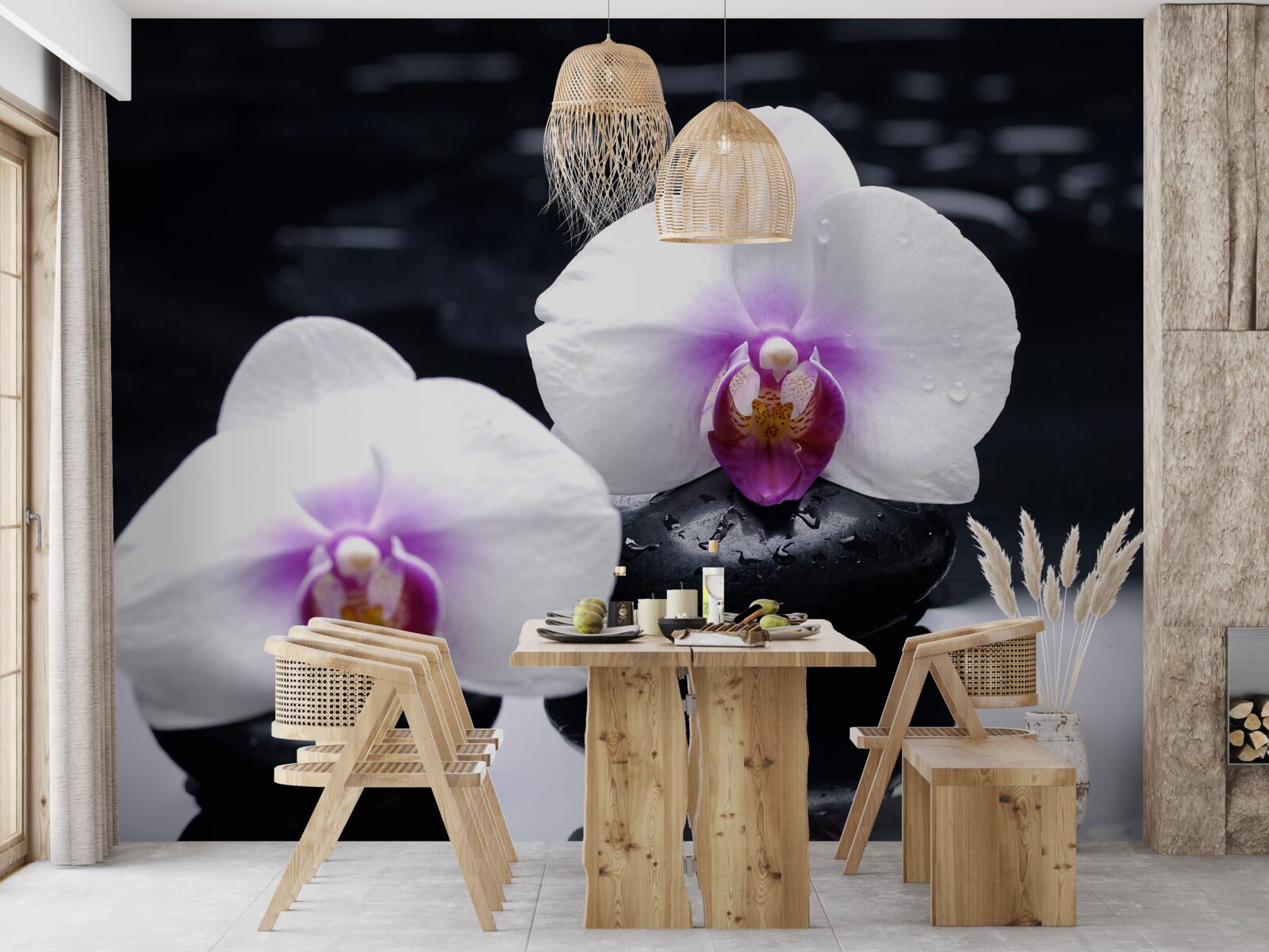 Fototapeten Schnee -White -Orchidee auf schwarzen Blöcken platziert