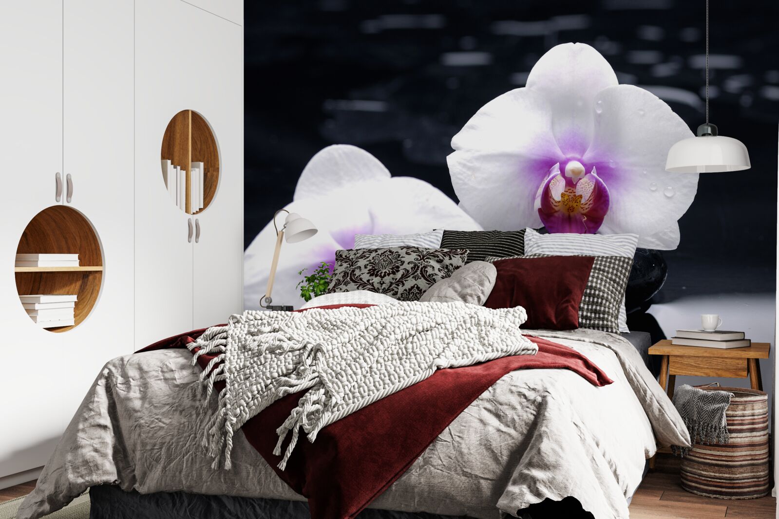 Fototapeten Schnee -White -Orchidee auf schwarzen Blöcken platziert