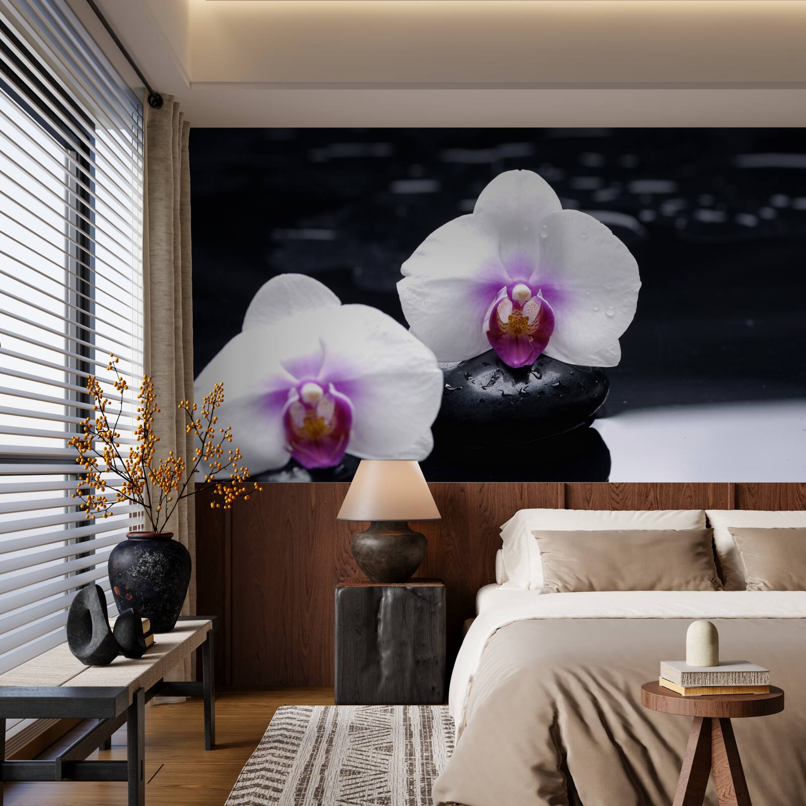 Fototapeten Schnee -White -Orchidee auf schwarzen Blöcken platziert