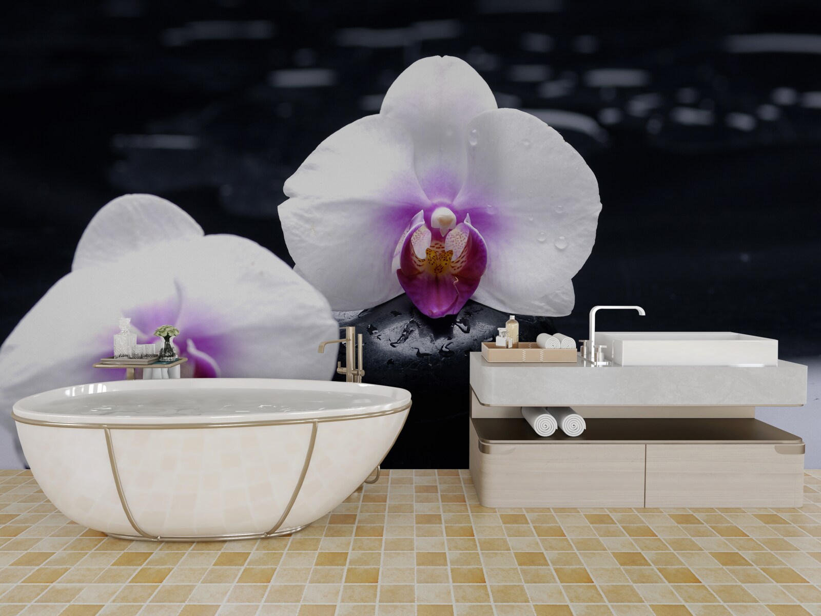 Fototapeten Schnee -White -Orchidee auf schwarzen Blöcken platziert