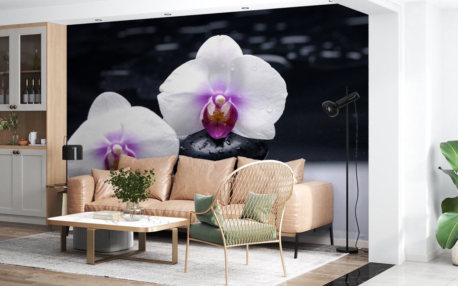 Fototapeten Schnee -White -Orchidee auf schwarzen Blöcken platziert