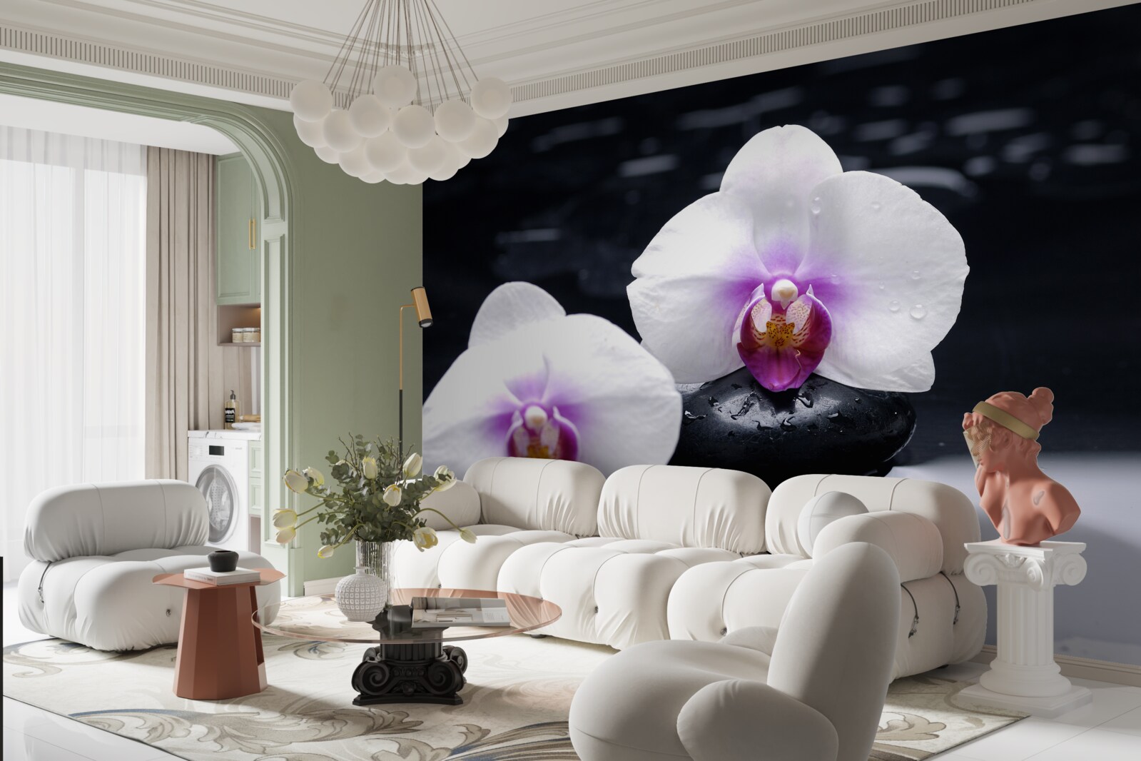 Fototapeten Schnee -White -Orchidee auf schwarzen Blöcken platziert