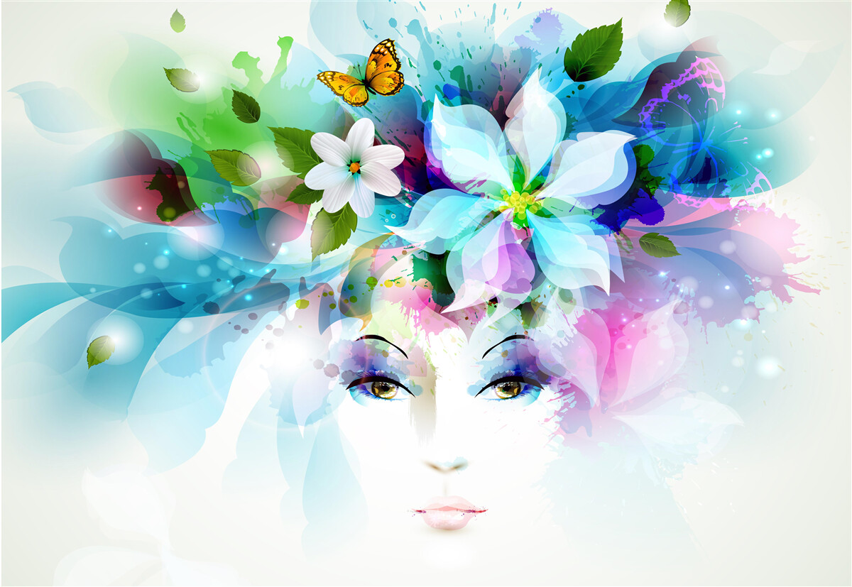Fototapeten Ein Mädchen mit Blumen in den Haaren, die Abstraktion darstellt