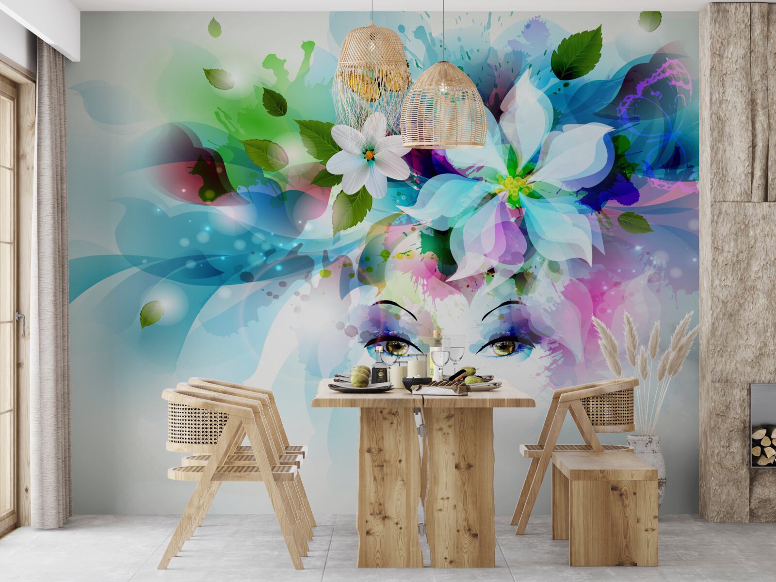Fototapeten Ein Mädchen mit Blumen in den Haaren, die Abstraktion darstellt