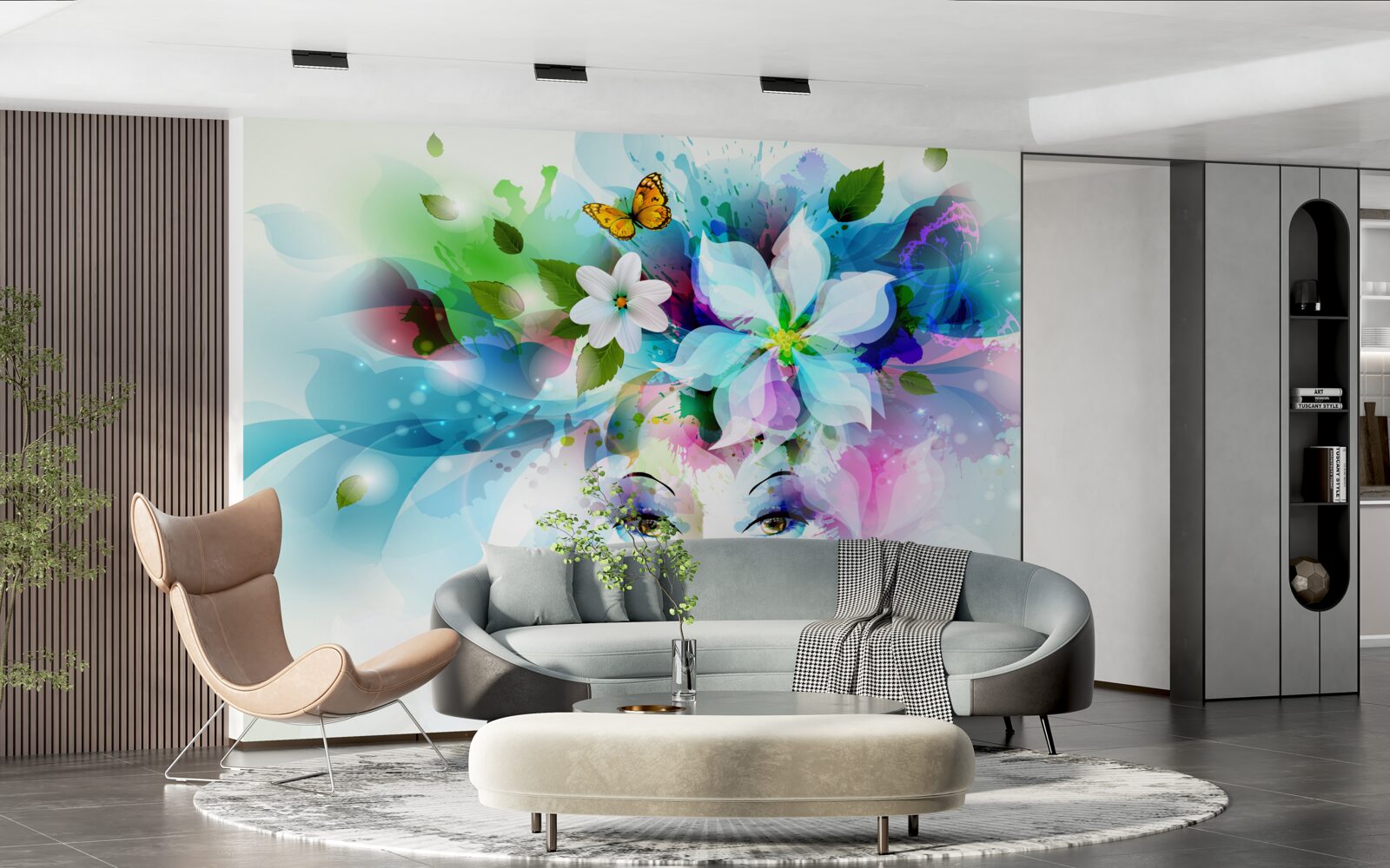 Fototapeten Ein Mädchen mit Blumen in den Haaren, die Abstraktion darstellt