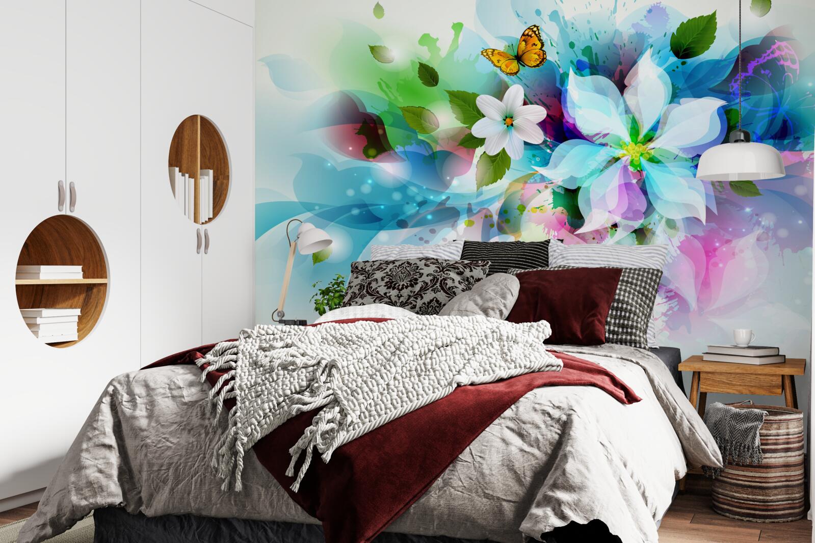 Fototapeten Ein Mädchen mit Blumen in den Haaren, die Abstraktion darstellt