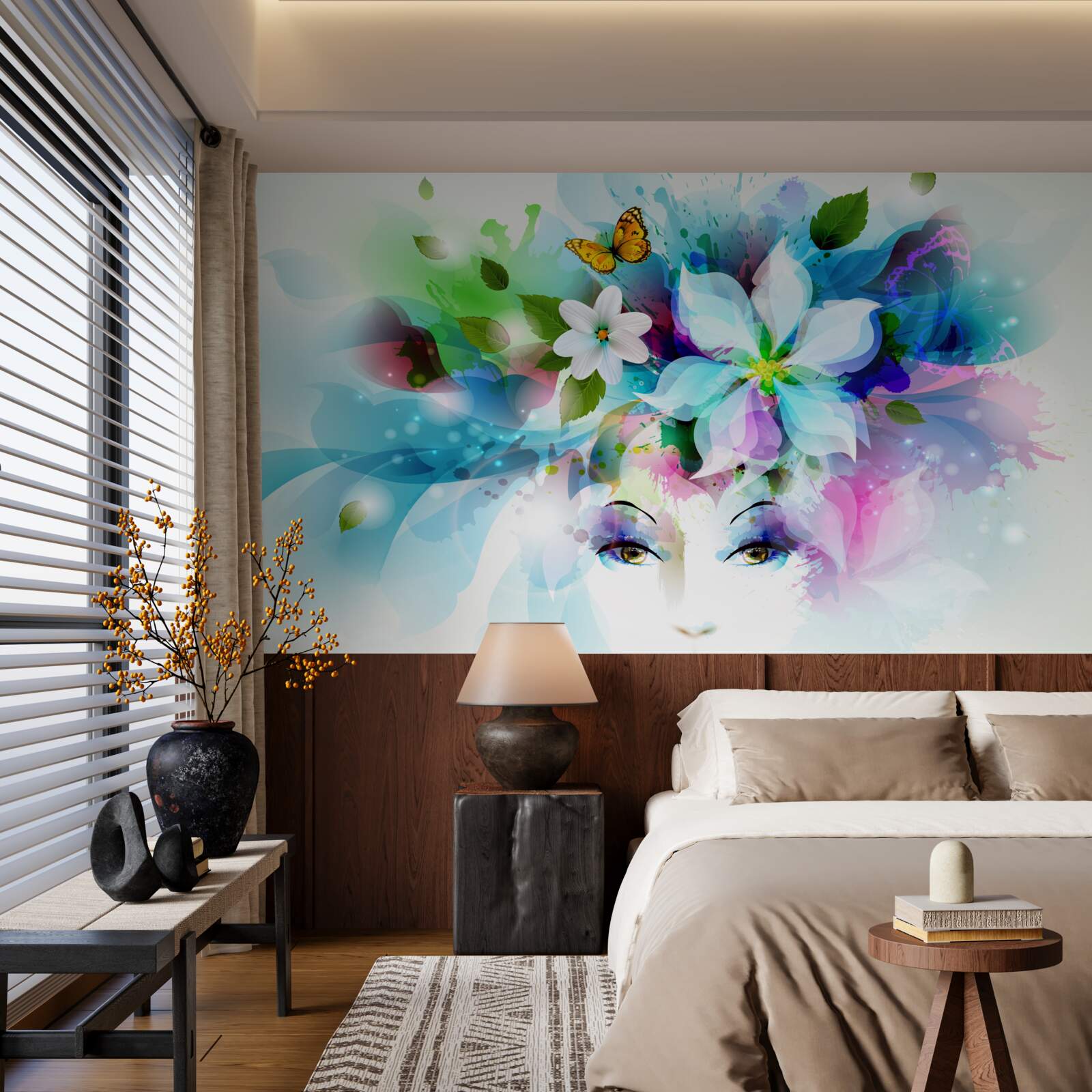 Fototapeten Ein Mädchen mit Blumen in den Haaren, die Abstraktion darstellt
