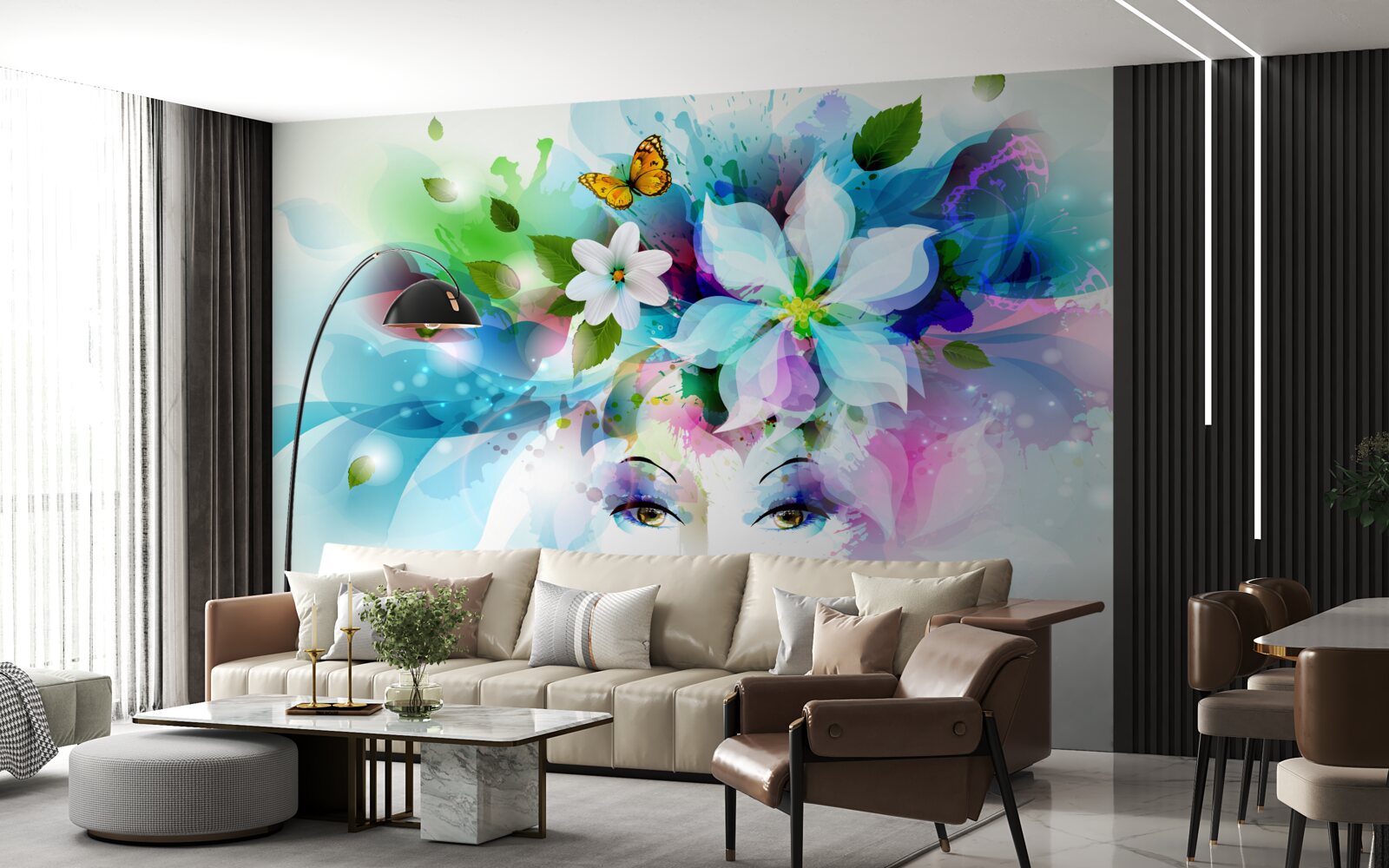 Fototapeten Ein Mädchen mit Blumen in den Haaren, die Abstraktion darstellt