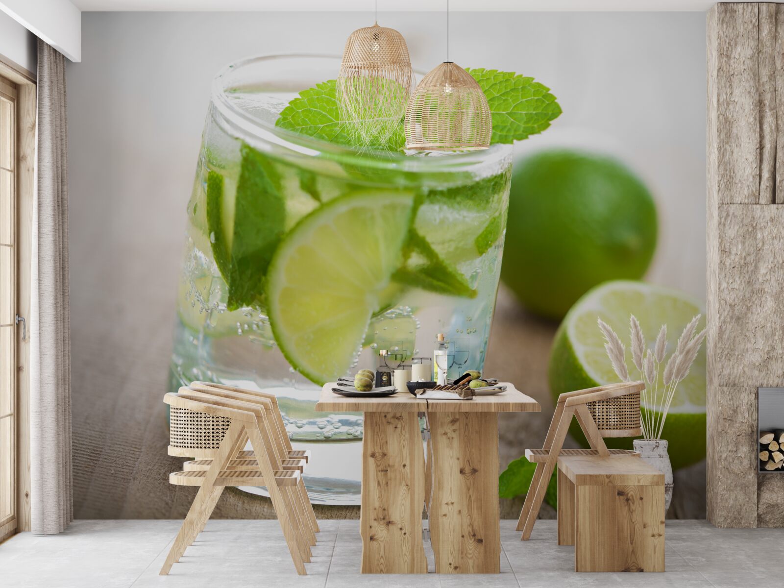 Fototapeten Ein Glas Wasser mit Limette und Minze