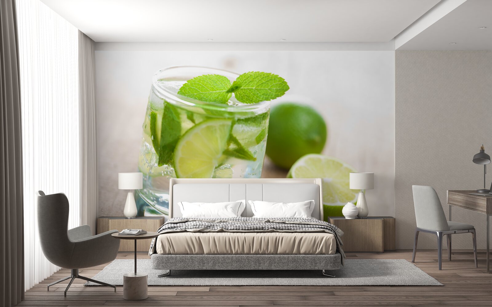 Fototapeten Ein Glas Wasser mit Limette und Minze
