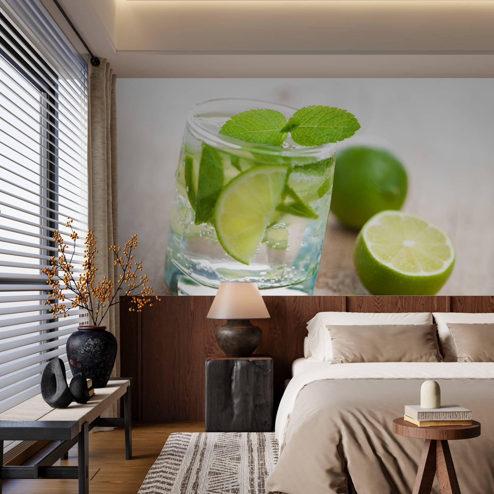 Fototapeten Ein Glas Wasser mit Limette und Minze