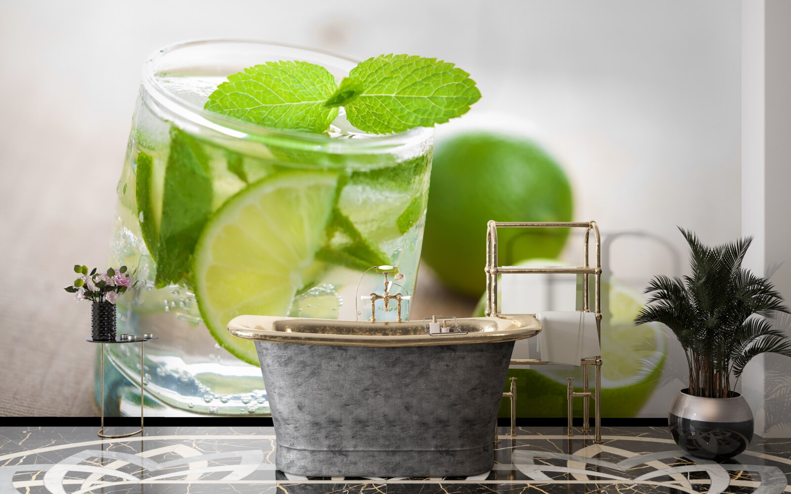 Fototapeten Ein Glas Wasser mit Limette und Minze