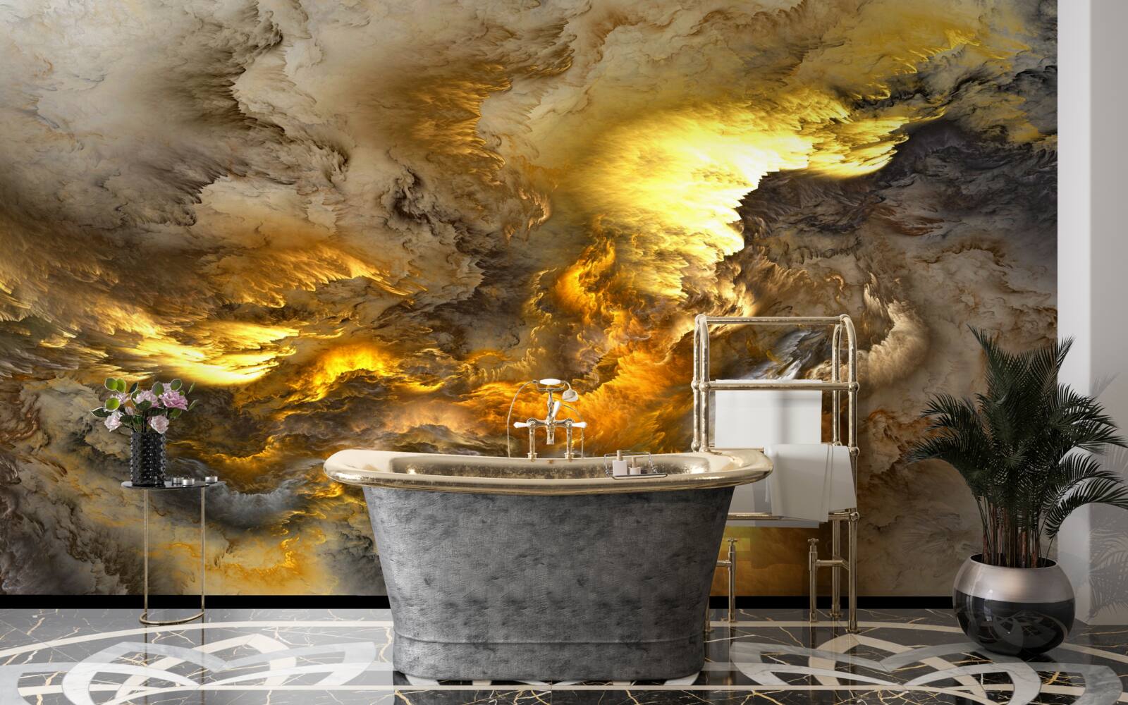 Fototapeten Beige Marmor mit einer goldenen Division