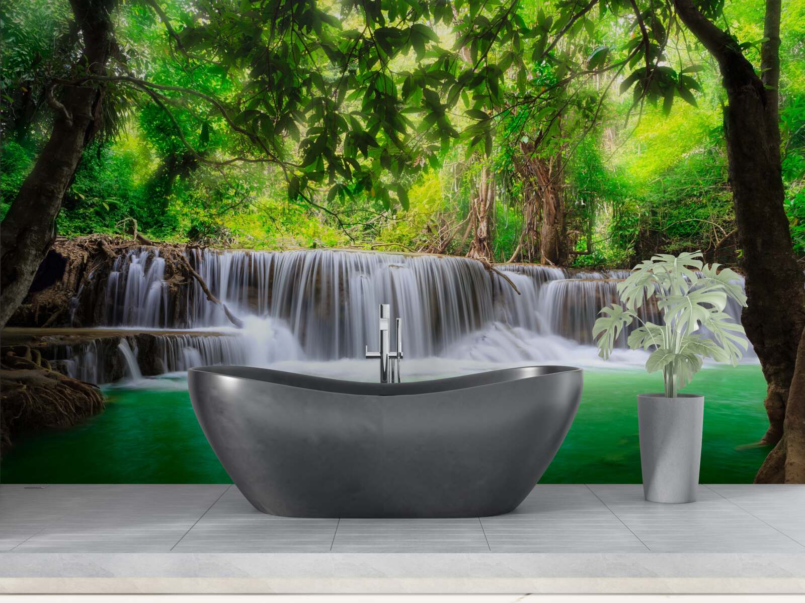 Fototapeten Der Waldwasserfall versorgt sein Wasser mit einer Smaragdfarbe