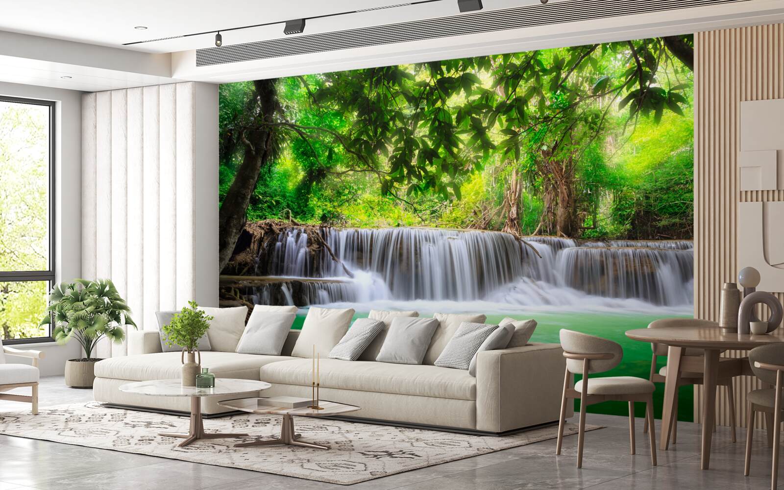 Fototapeten Der Waldwasserfall versorgt sein Wasser mit einer Smaragdfarbe