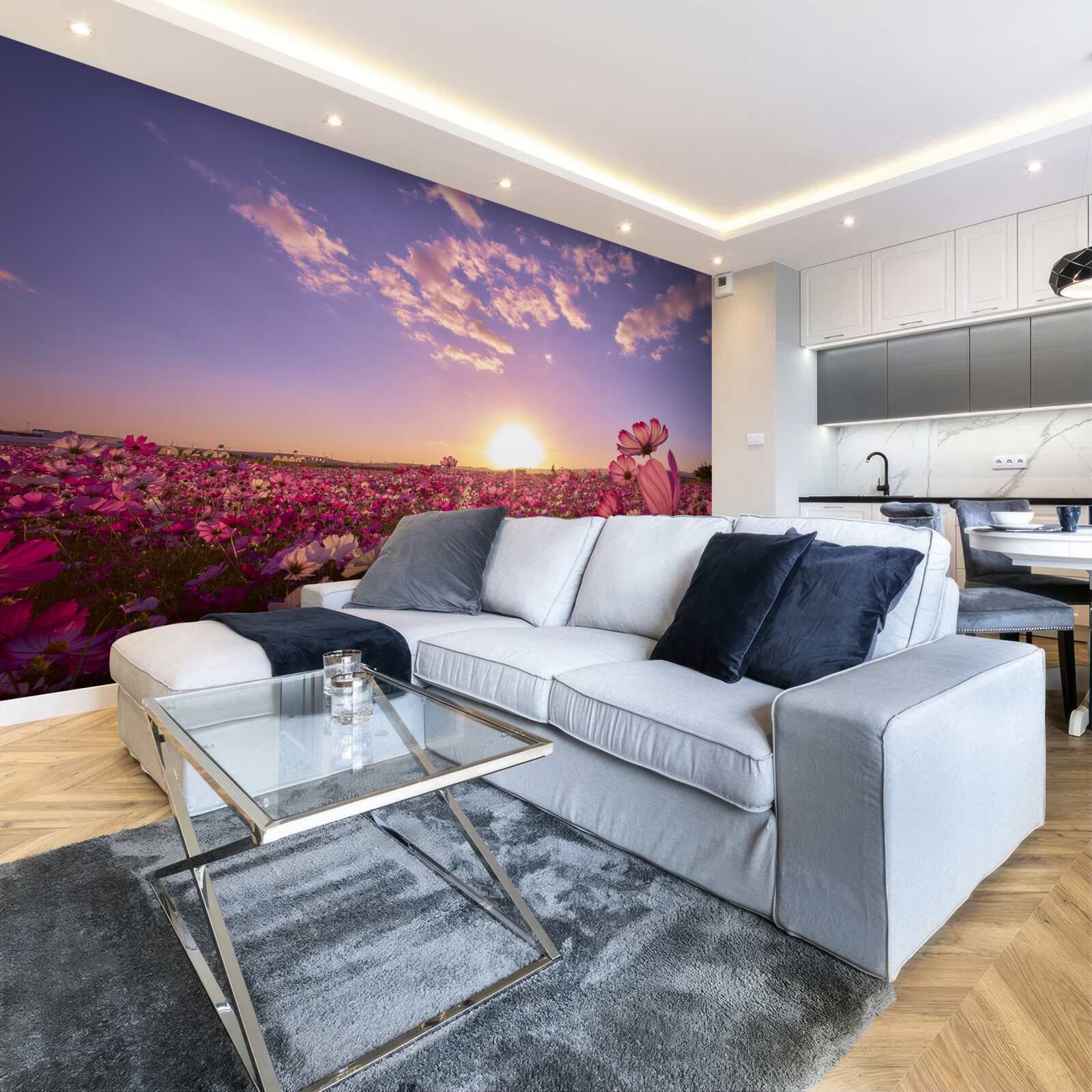 Fototapeten Morgendämmerung über dem Blumenfeld