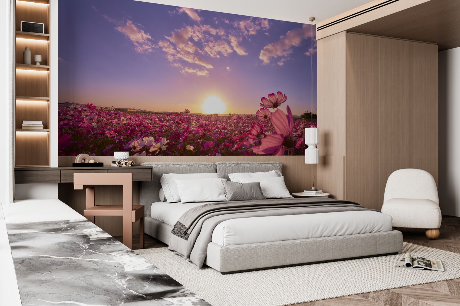 Fototapeten Morgendämmerung über dem Blumenfeld