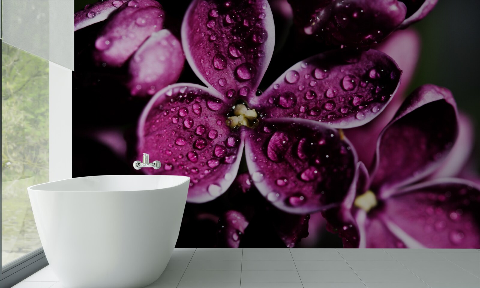 Fototapeten Kleine Tröpfchen auf Blumen mit hellviolettem Farbton