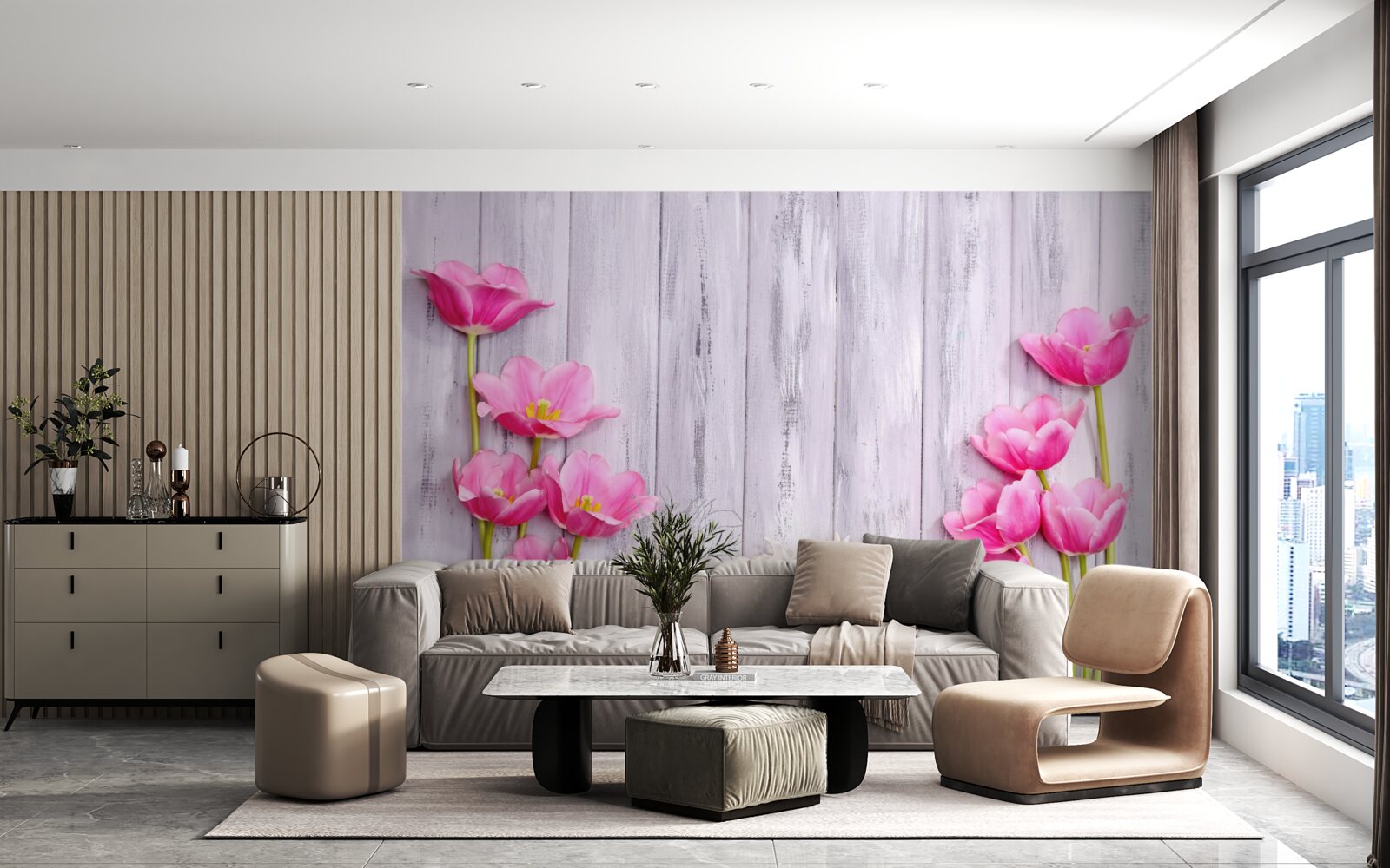 Fototapeten Rosa Tulpen wachsen auf einem Baum