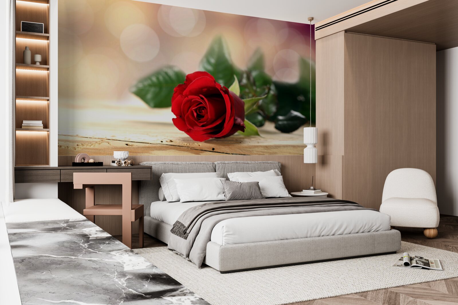 Fototapeten Eine einzelne Rose mit einem zarten scharlachroten Farbton