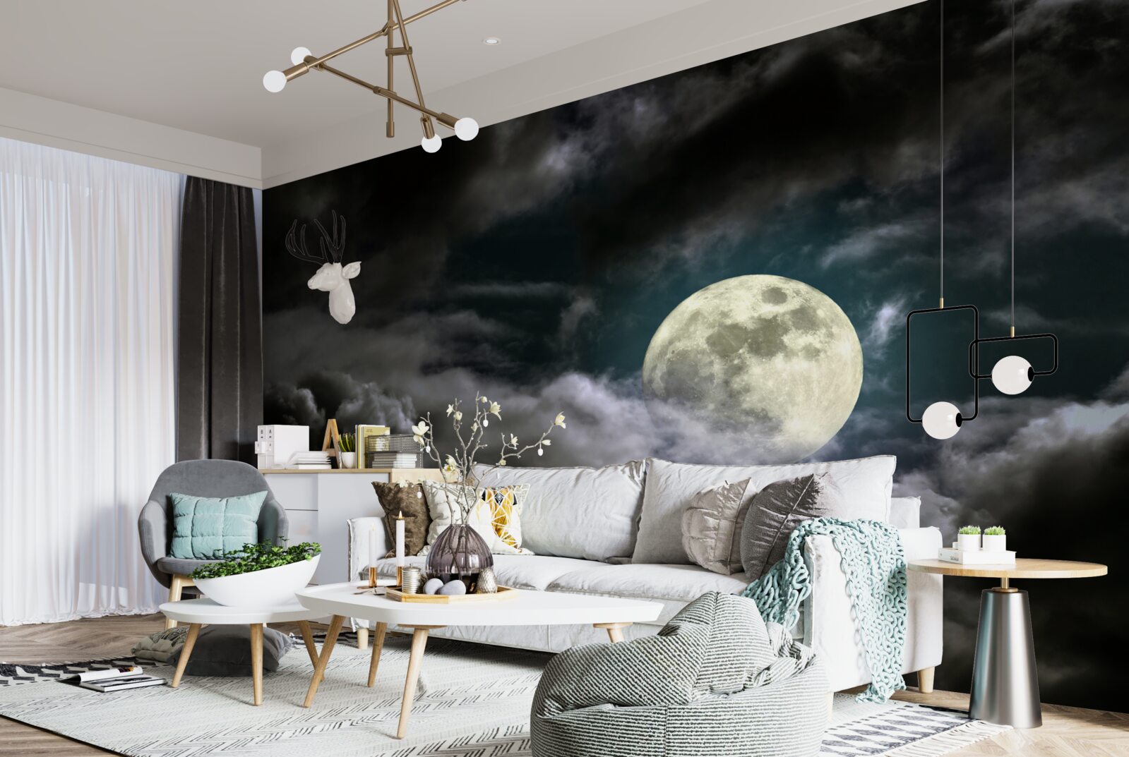 Fototapeten Der Mond über den Wolken vollständig und erregt die Aufmerksamkeit mit seiner Schönheit