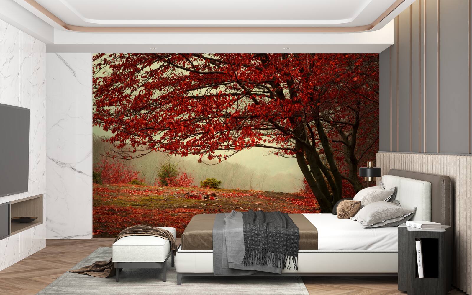 Fototapeten Ein nebliger Morgen eines Herbstwaldes mit Burgundfarben