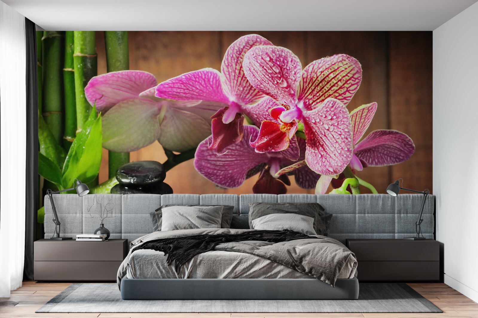 Fototapeten Purpurrote Orchidee zwischen Steinen