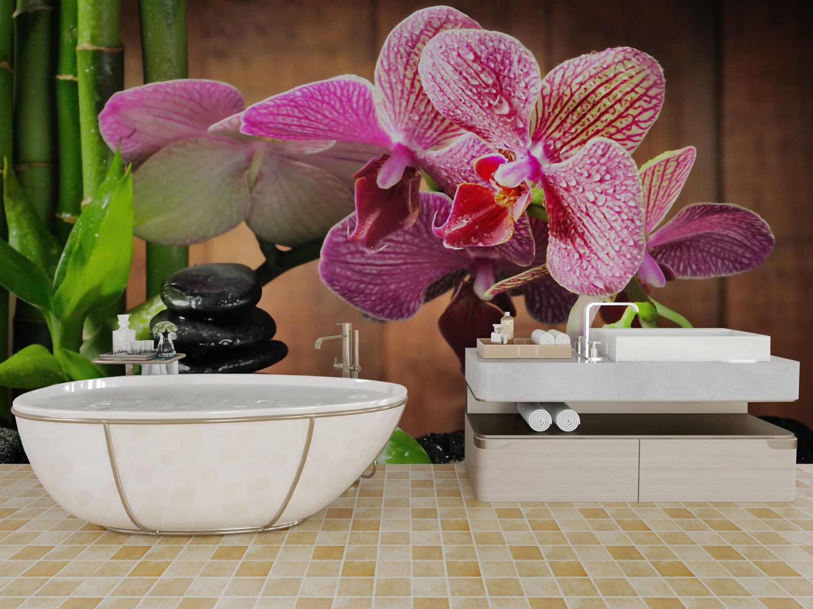 Fototapeten Purpurrote Orchidee zwischen Steinen