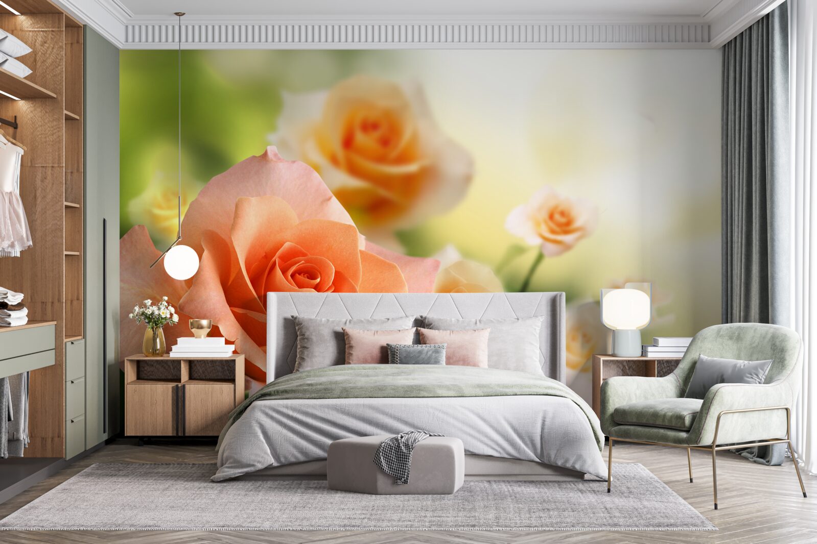 Fototapeten Ein leichter Rosenstrauß, der in den Büschen wächst