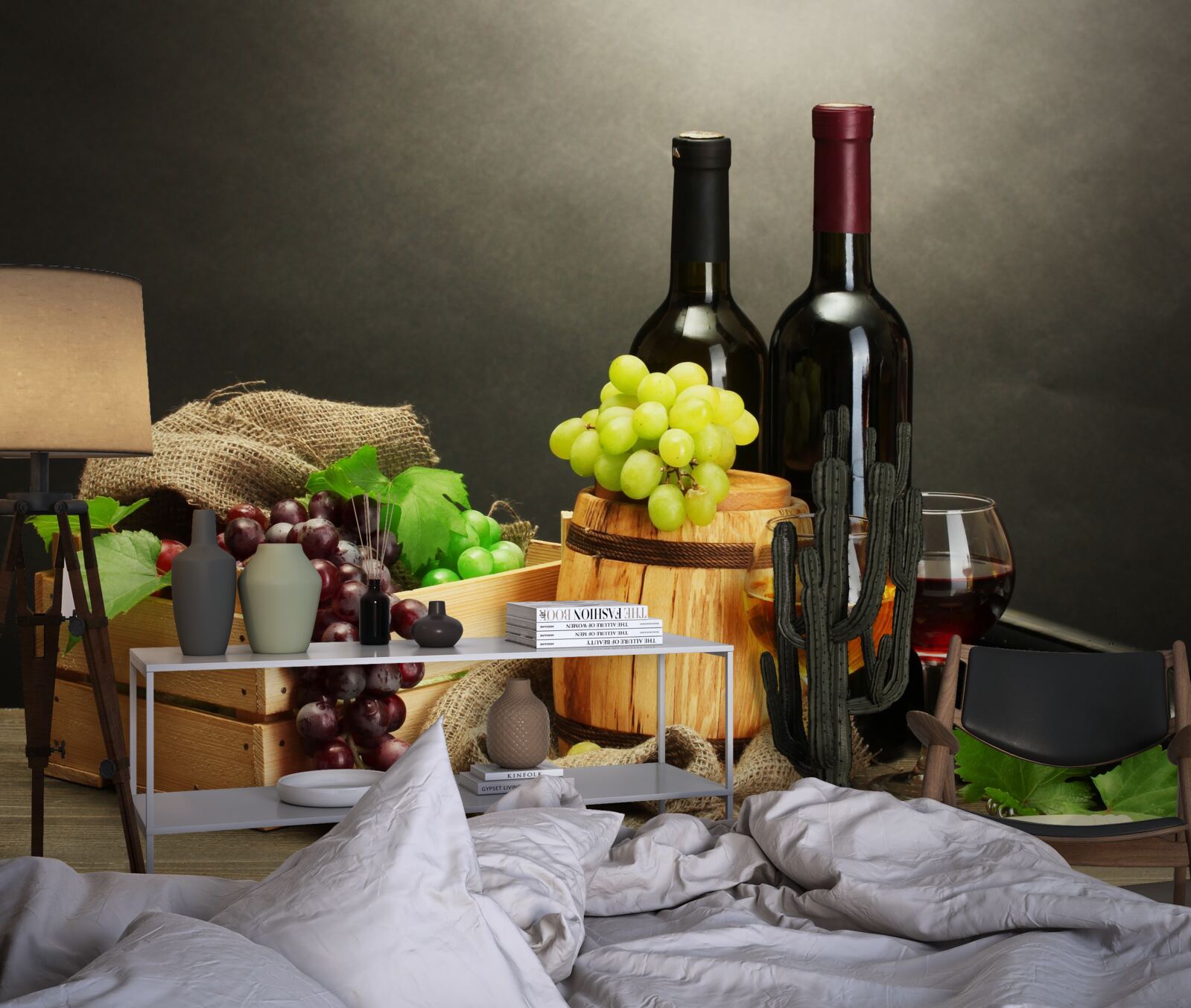 Fototapeten Traubengruppen und ein Glas Wein