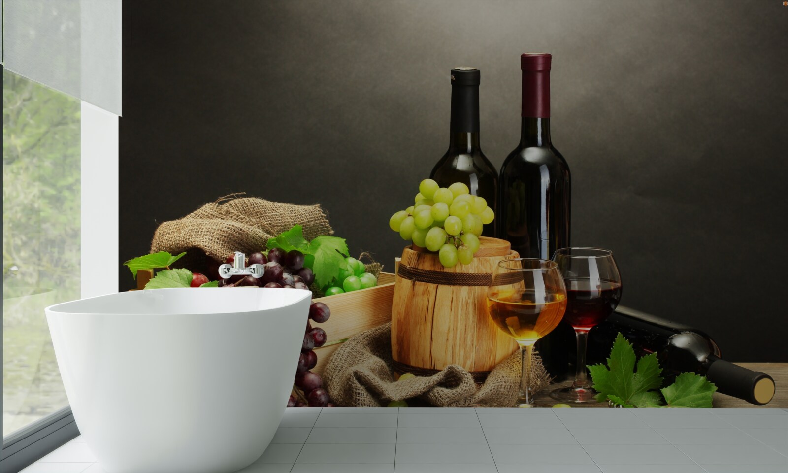 Fototapeten Traubengruppen und ein Glas Wein