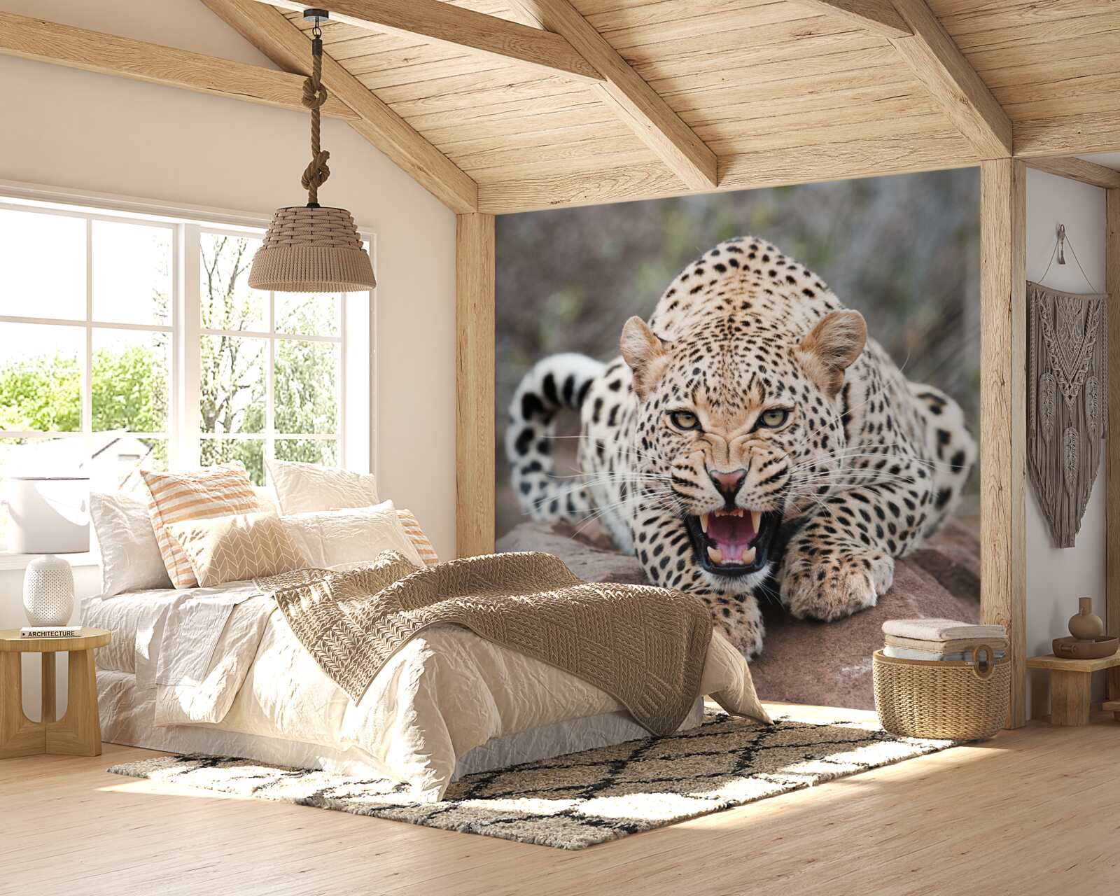 Fototapeten Aufgeregter Leopard, der sich auf den Sprung vorbereitet