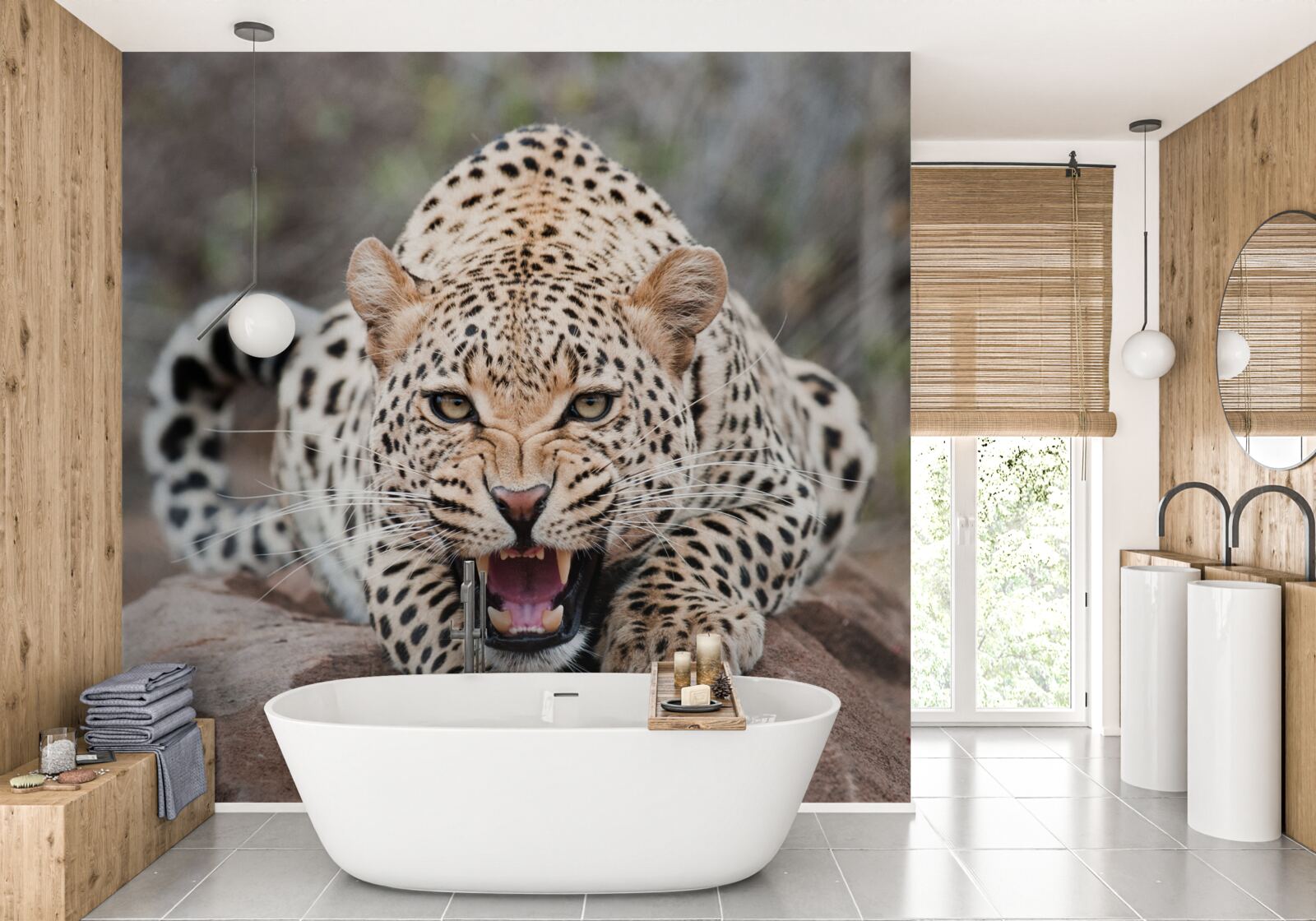 Fototapeten Aufgeregter Leopard, der sich auf den Sprung vorbereitet