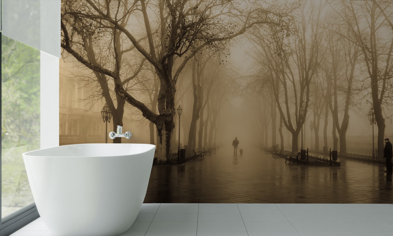 Fototapeten Die Allee ist mit Regen und Nebel gefüllt
