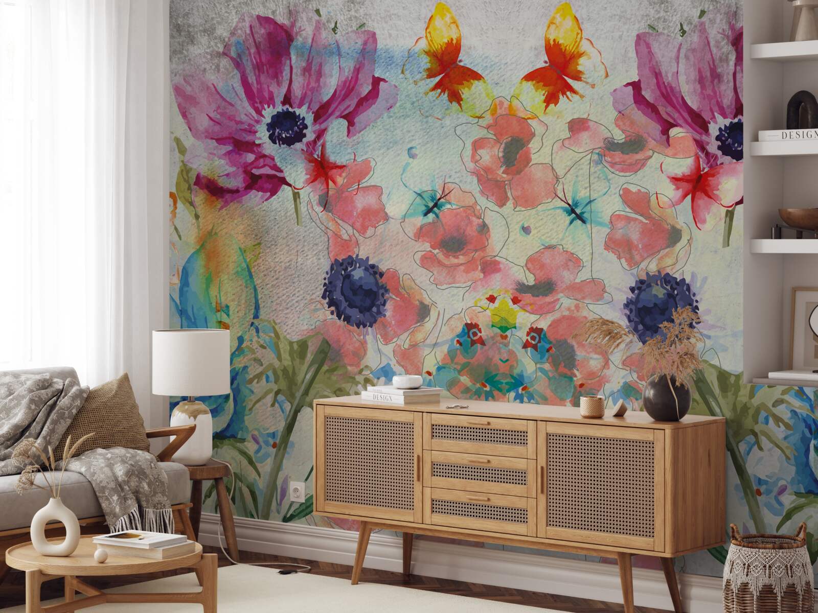 Fototapeten Blumen, die in verschiedenen Schatten von Aquarellen gemalt sind