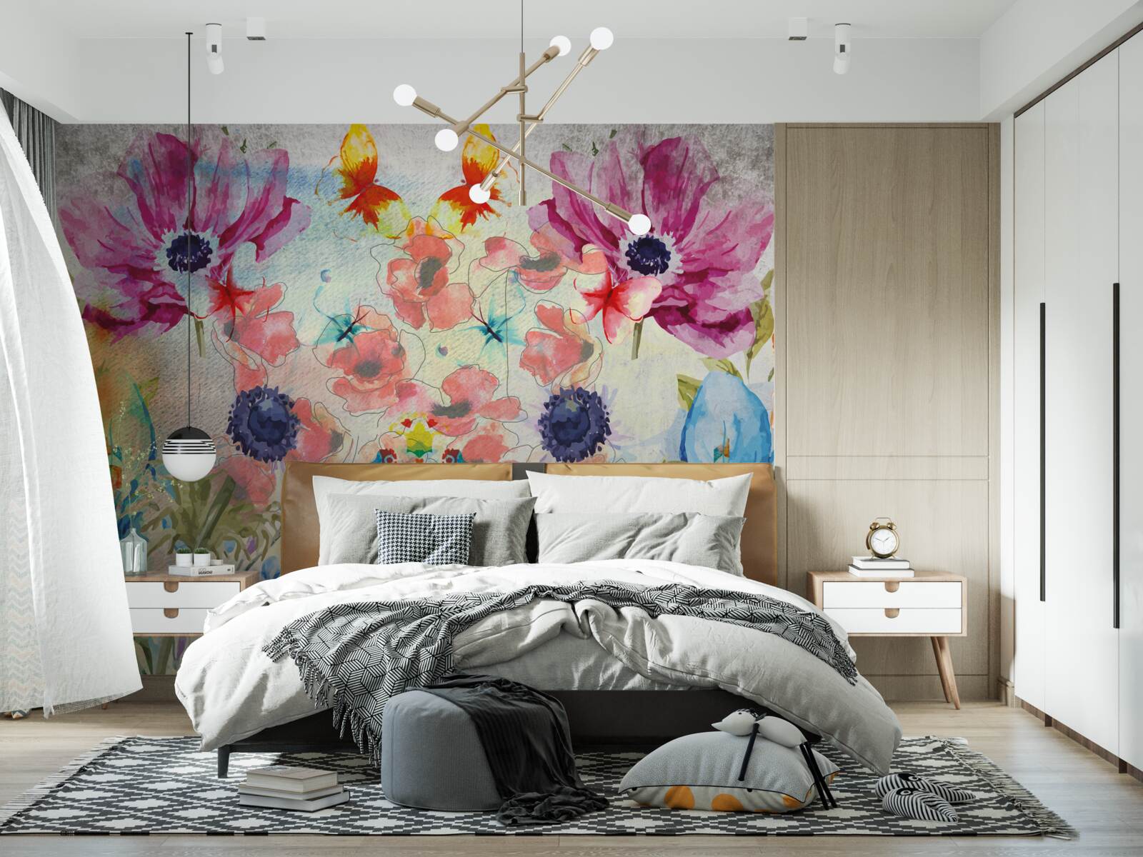 Fototapeten Blumen, die in verschiedenen Schatten von Aquarellen gemalt sind