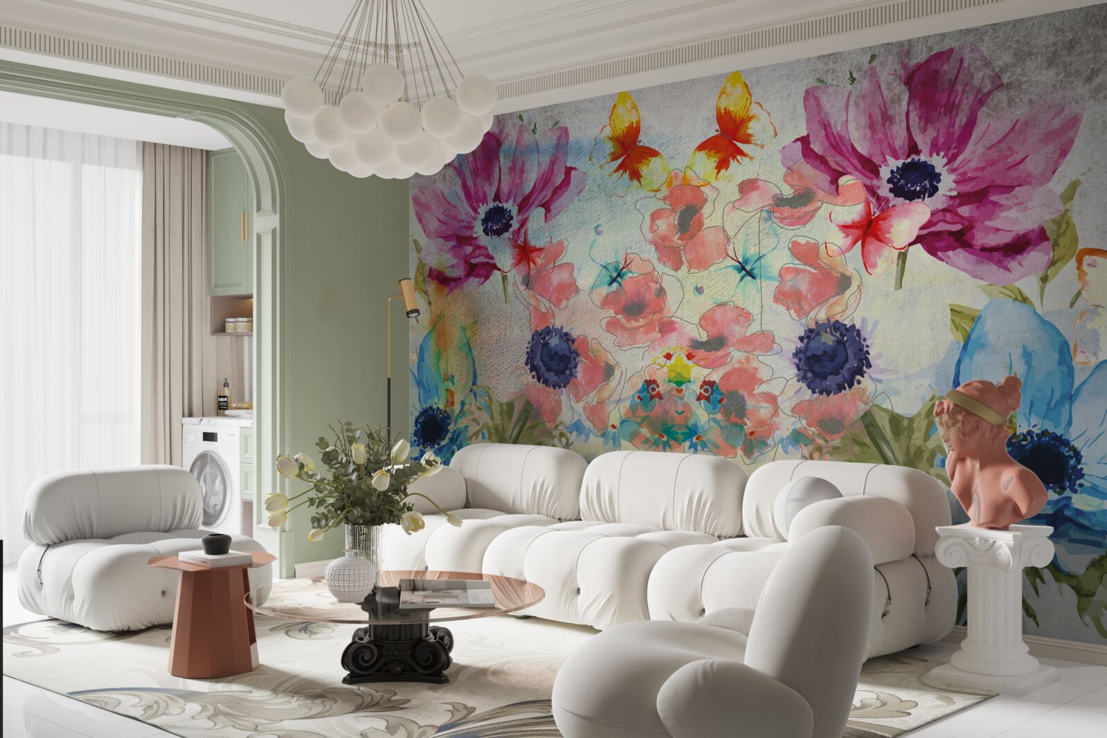 Fototapeten Blumen, die in verschiedenen Schatten von Aquarellen gemalt sind