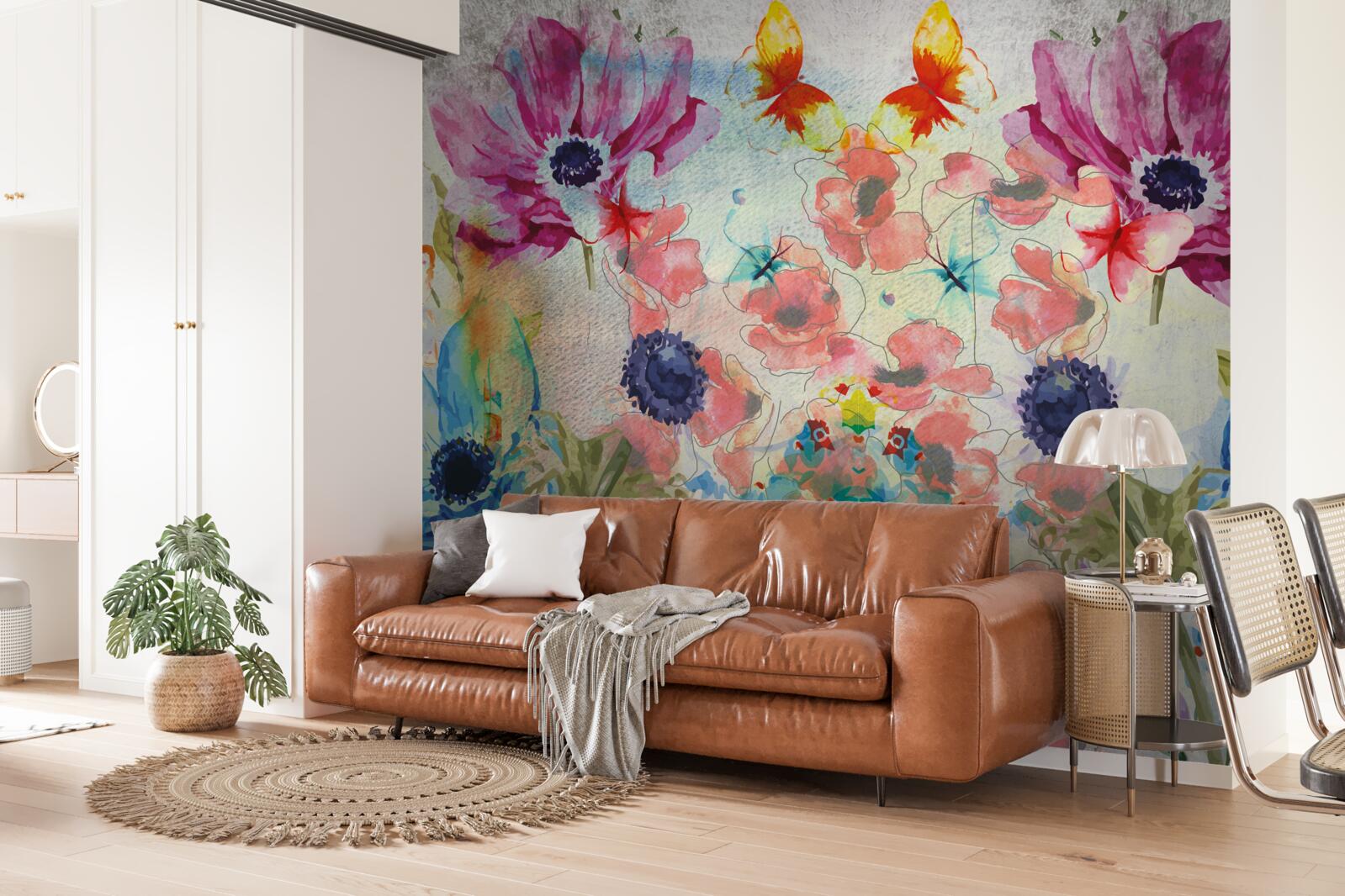 Fototapeten Blumen, die in verschiedenen Schatten von Aquarellen gemalt sind