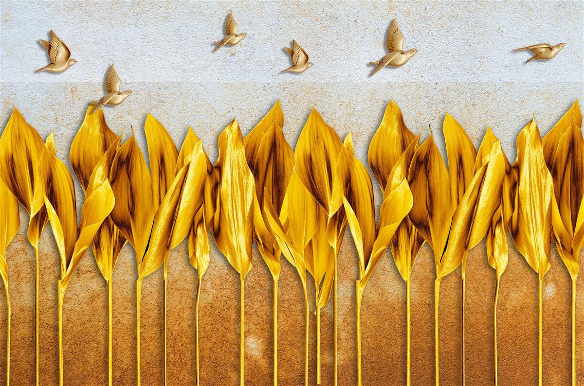 Fototapeten Ein goldener Herbstwald erscheint über den Flügeln der fliegenden Vögel