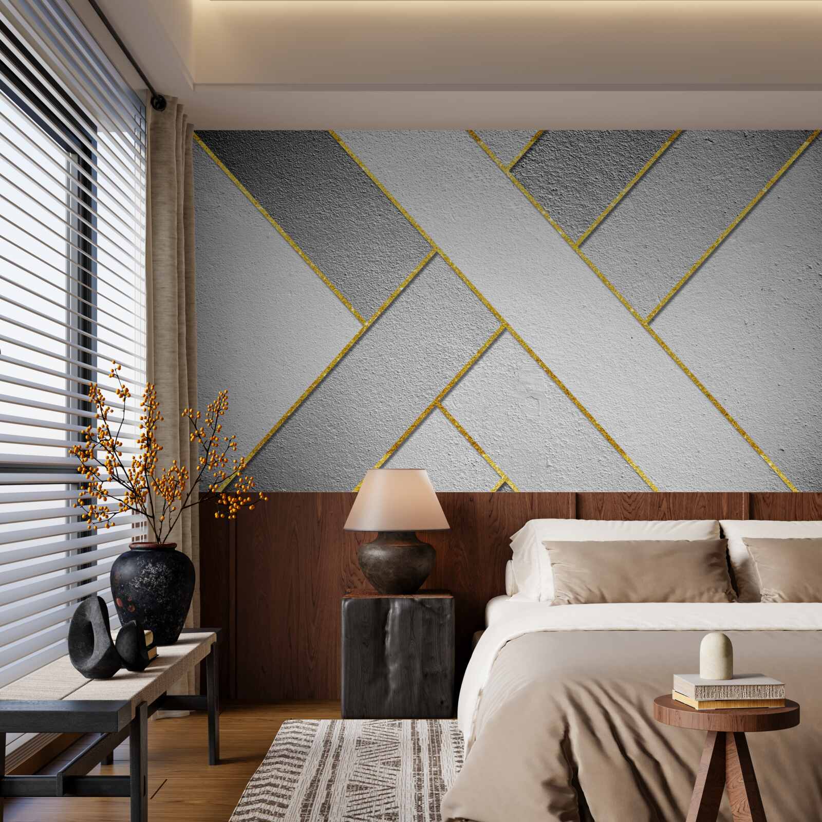 Fototapeten Goldene gerade Linien auf grauem Hintergrund
