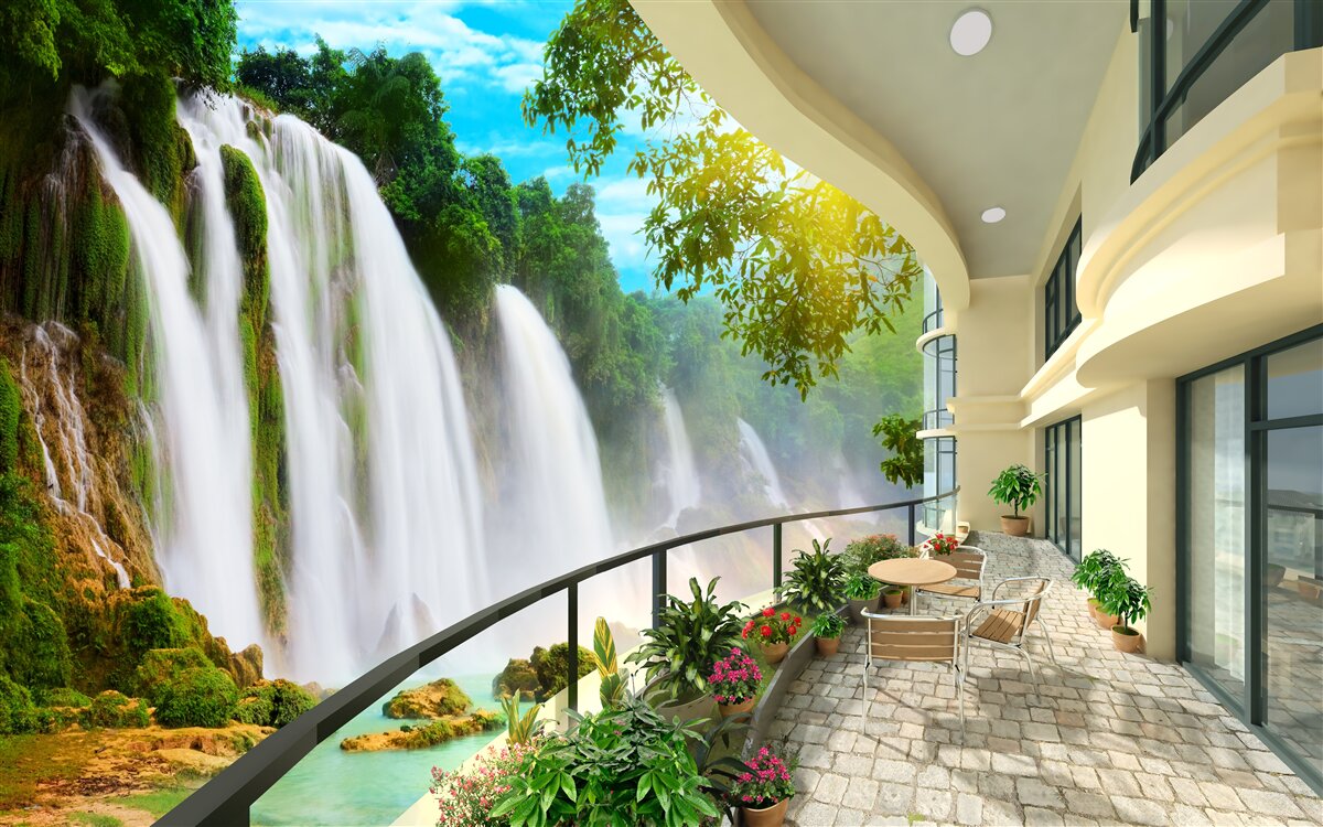Fototapeten Eine wundervolle Terrasse mit Panoramablick auf den Wasserfall