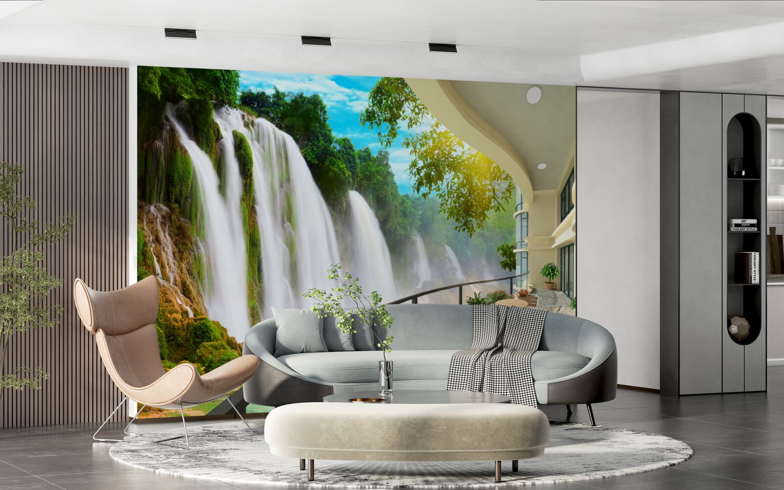 Fototapeten Eine wundervolle Terrasse mit Panoramablick auf den Wasserfall