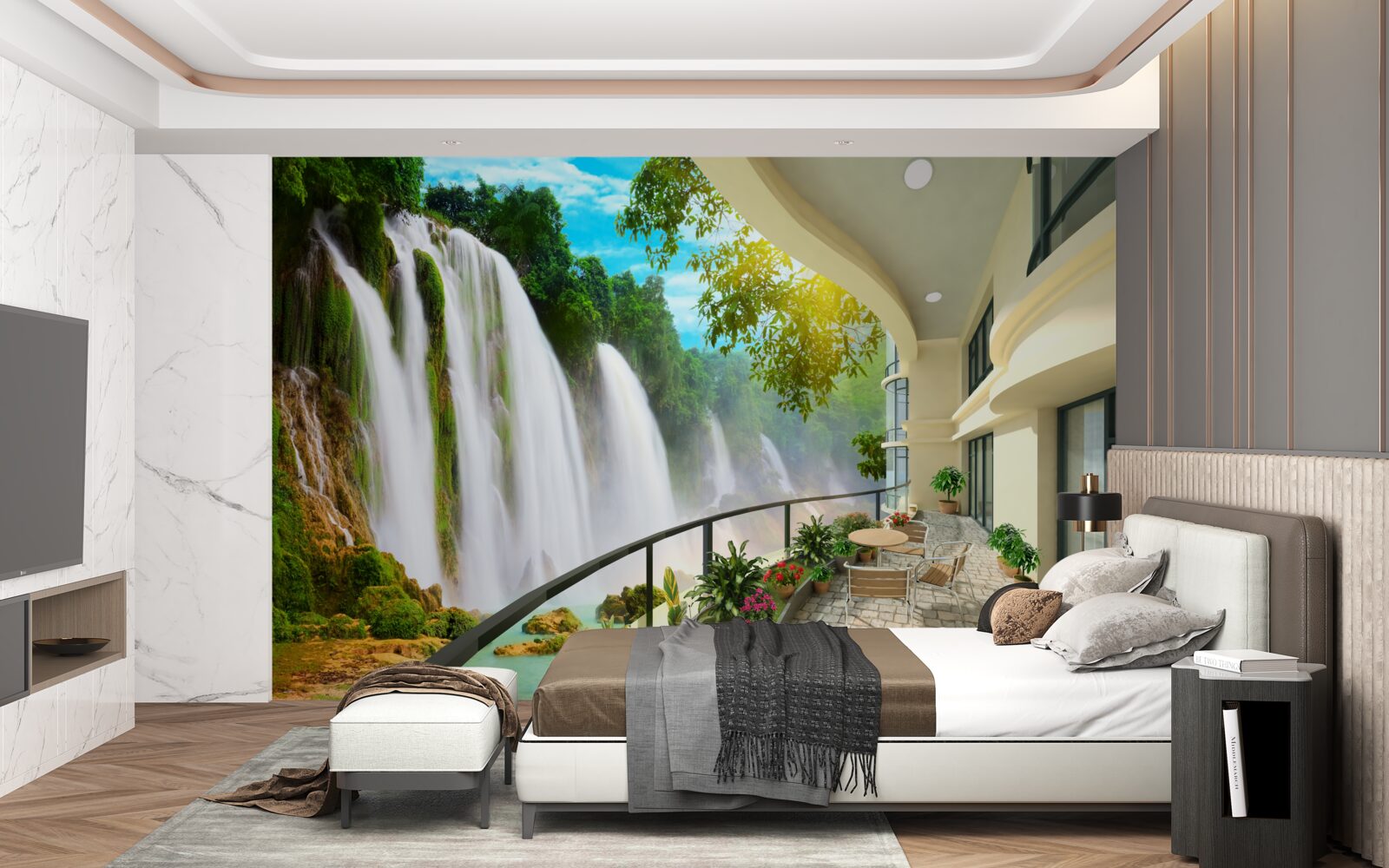 Fototapeten Eine wundervolle Terrasse mit Panoramablick auf den Wasserfall