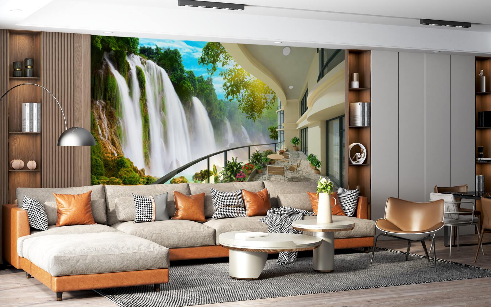 Fototapeten Eine wundervolle Terrasse mit Panoramablick auf den Wasserfall