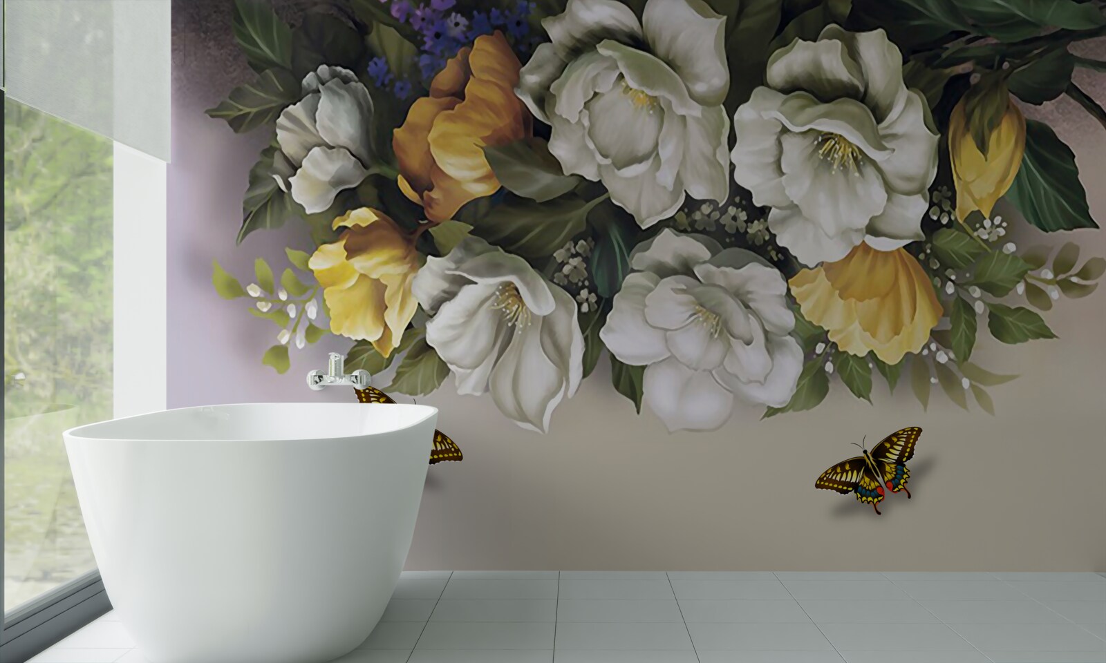 Fototapeten Zwei Lepidopter in weißen und gelben Tulpen